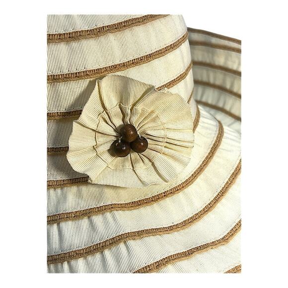 Vintage Fabric Cream and Brown Wide-Brimmed SunHat with wire edges to adjust OS main image 7